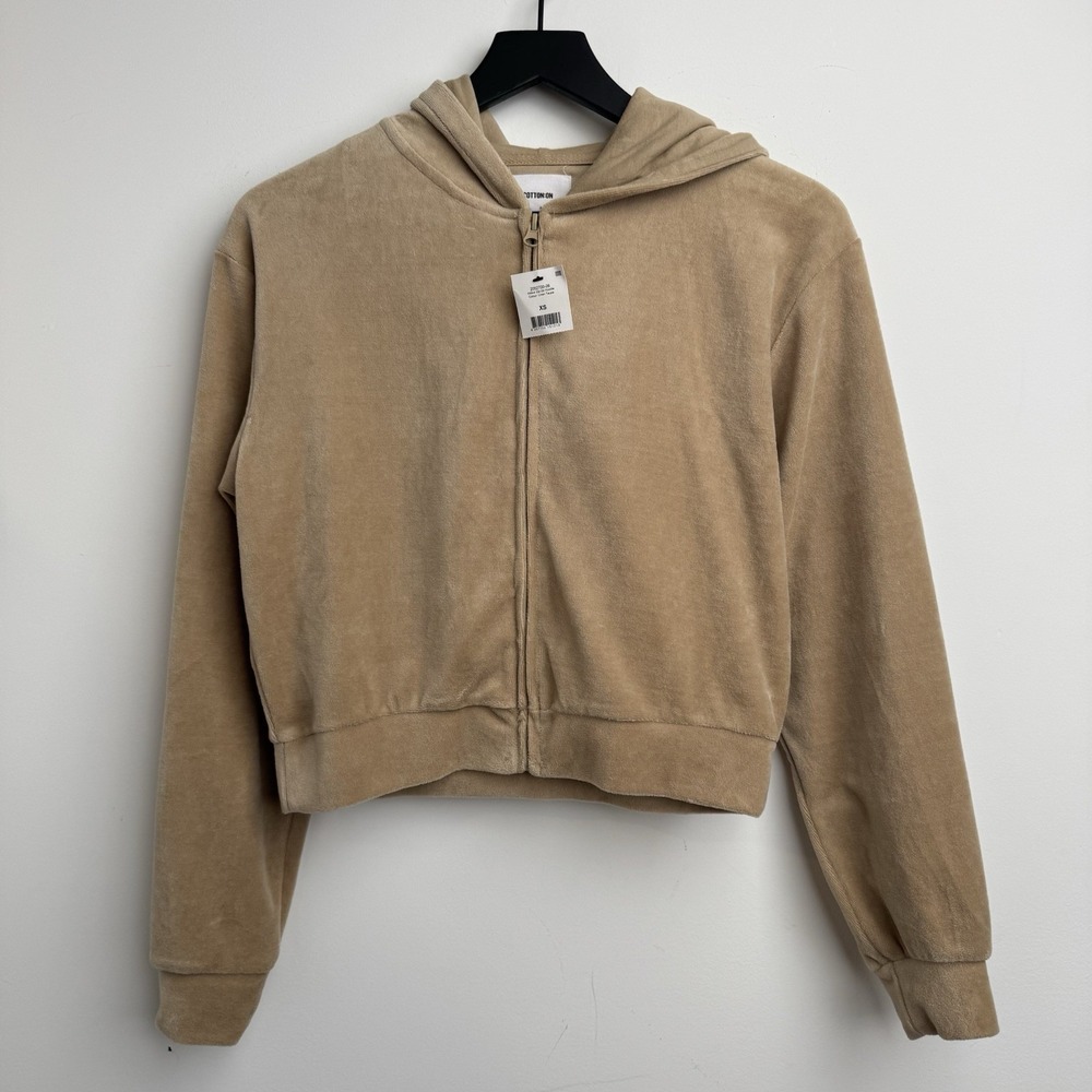 Cotton On Hoodie Womens XS Beige‎ Velour Zip Up Jacket Track Boxy Y2K NWT
